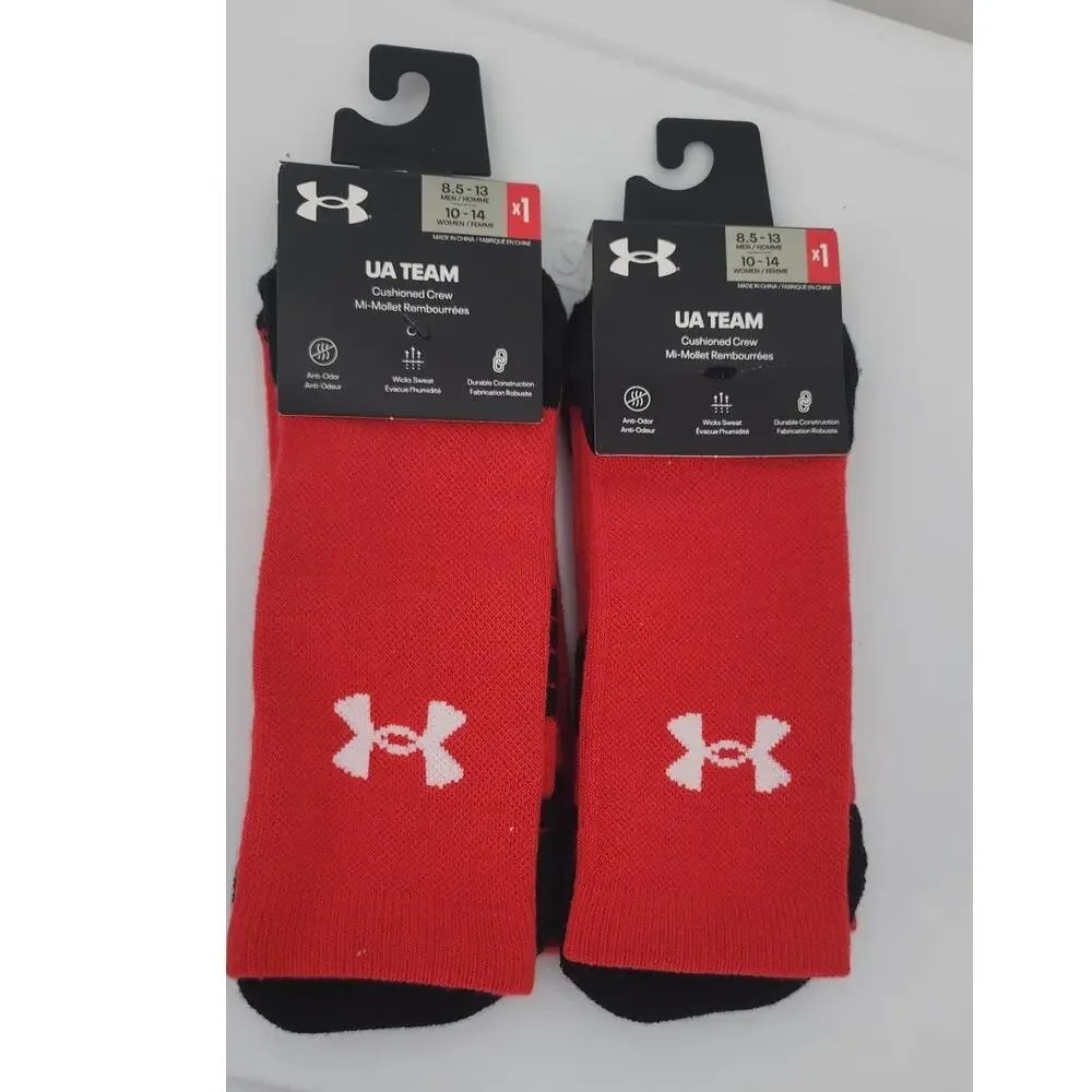 New NWT‎ Lot Of 2 UA Under Armour Teams Cushioned Crew Socks Black Red 8.5-13